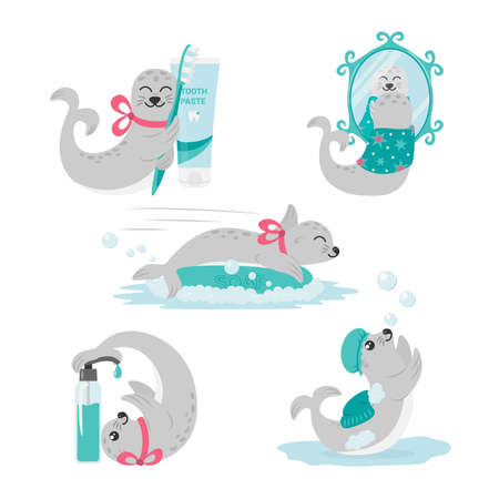 Collection with cute baby fur seal - slides on soap, hugging toothbrush, playing with bubbles, disinfects its flippers. Concept of personal hygiene and health for kids. flat design vector illustrationのイラスト素材