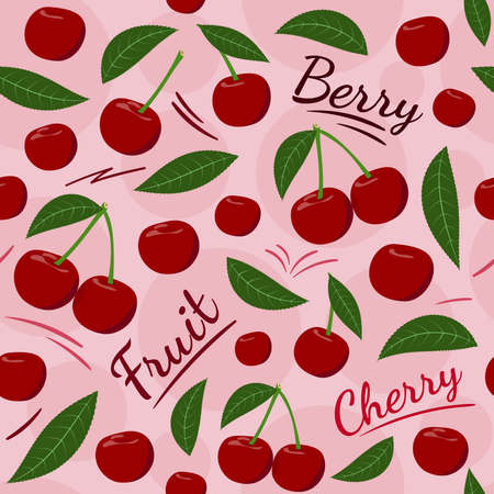 Colorful fruit seamless pattern with cherry berries, leaves and labels. Can be used for printing on fabric, wrapping paper, greeting cards, posters, banners. cartoon vector illustrationのイラスト素材