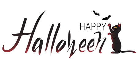 Happy Halloween text with playful black cat and bats. Expressive hand drawn ink lettering. isolated on white background. vector element for traditional event design.のイラスト素材