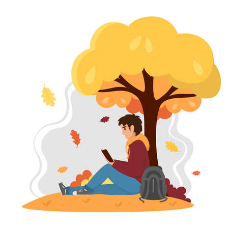 Young man with backpack reading book under the tree in autumn park. Autumn season leisure time concept. isolated on white background. vector flat illustrationのイラスト素材