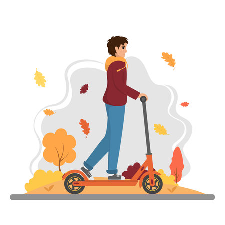Smiling young man riding an electric scooter in autumn park. Modern urban eco vehicles. isolated on white background. flat design vector illustrationのイラスト素材