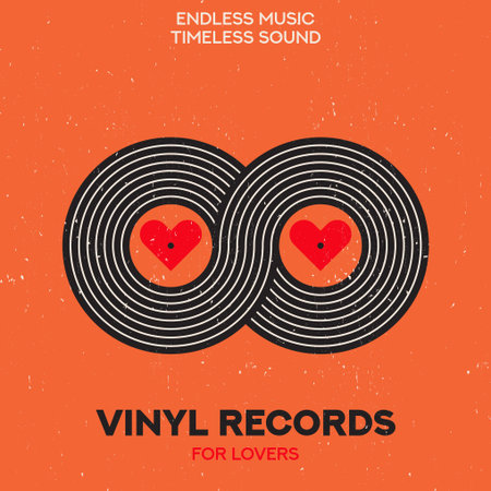 Vinyl Record. The symbol of infinity. Hearts. Music poster design template. Music cover. Music background vector illustration.のイラスト素材