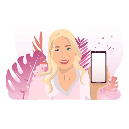 Flat woman with phone in hand flower backgrowndのイラスト素材