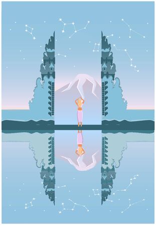 Temples of island Bali, woman, mountain viewのイラスト素材