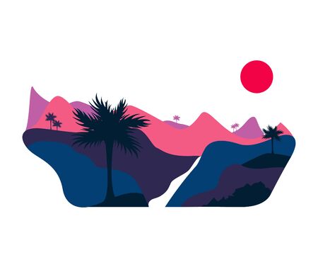 Isolated sunset desert mountains landscape palmのイラスト素材
