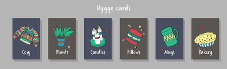 Family icon concept. Woman man and child are together on cube. Flat vector illustration.Hygge vector cards. Set of cute hand drawn hygge illustrations. Sweater, candles, flower, plant, pillow, mug, pie. Vector illustration.のイラスト素材