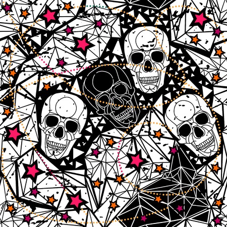 Seamless black and white background with skullsのイラスト素材