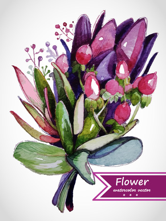 Abstract floral watercolor design with stylized violet flowers on white.のイラスト素材