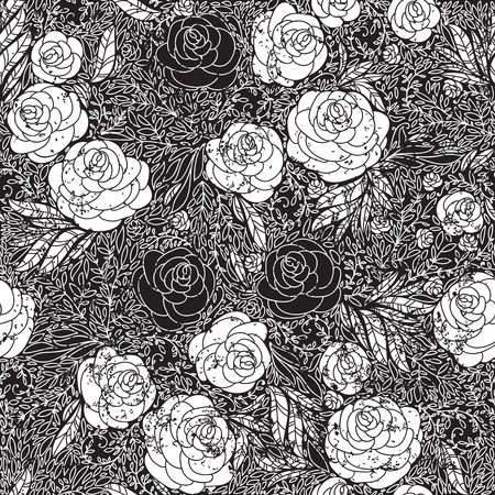Seamless pattern with flowers roses, vector floral illustration in vintage style. Black and white grunge rose pattern.のイラスト素材