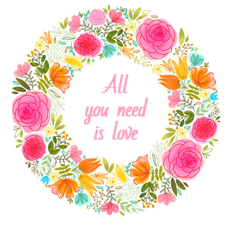 Vector design with flowers and place for text. Wreath of leaves hand drawn.Ornamental round pattern.Hand-sketched elements on white background.Suitable for ads, signboards, menu and web banner designsのイラスト素材