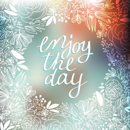 Illustration of wreath with leaves and berries and enjoy the day message on pastel background. Holidays wreaths, floral wreaths. Can be used for labels, holidays, wedding, wrappingのイラスト素材