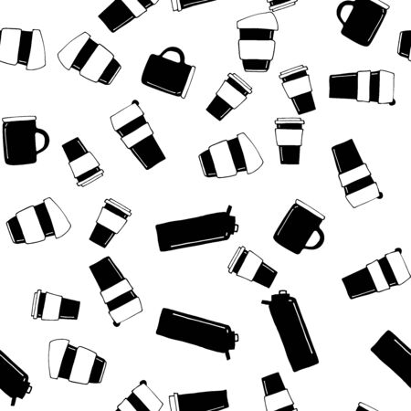 Many scattered coffee tea mugs. Cups for drinks to take away. Vector seamless pattern. Zero waste reusable cups icons. Hand drawn, flat. Eco background.の写真素材