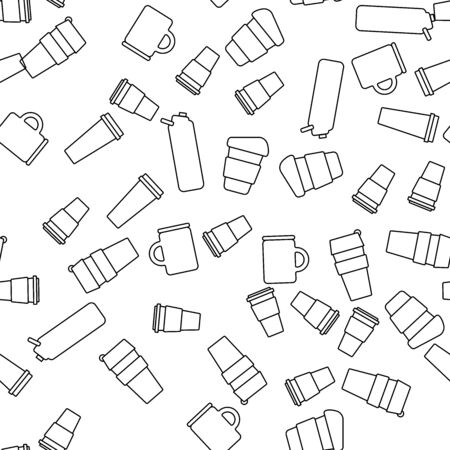 Many scattered coffee tea mugs. Cups for drinks to take away. Vector seamless pattern. Zero waste reusable cups icons. Hand drawn, flat. Eco background.の写真素材