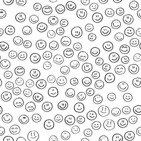 Smile icon. Many smiles. Vector seamless pattern. Customized color. For printing on fabric, postcards, social media post, advertising. Happy emotion, happy face, smiling face. Fun doodle background.のイラスト素材
