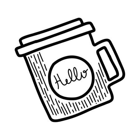 Vector element. Reusable tea coffeee cup in cozy style. Eco friendly concept. Black and white illustration. For printing on paper, cards, stickers, using in social media and on line shops.のイラスト素材