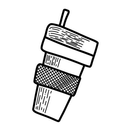 Vector element. Reusable tea coffeee cup in cozy style. Eco friendly concept. Black and white illustration. For printing on paper, cards, stickers, using in social media and on line shops.のイラスト素材