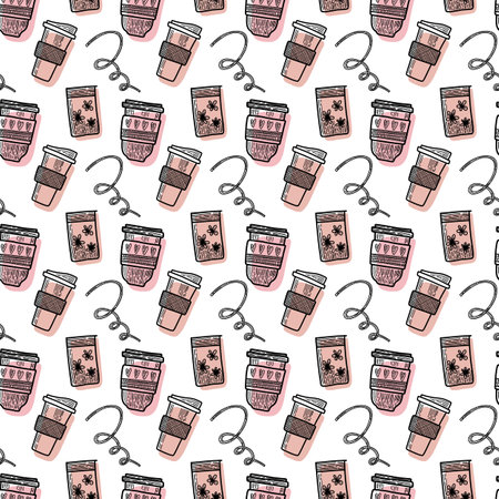 Vector seamless pattern. Outline Illustrations of reusable cups. Coffee and tea mugs for take away drinks. For advertising social media posts printing on paper and fabricのイラスト素材
