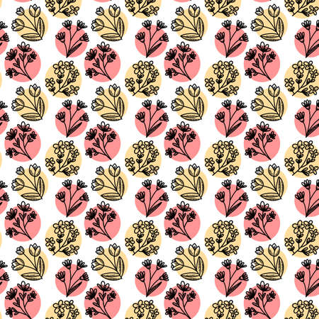 Vector seamless pattern Flowers, stem, leaf, petals, ribbons, hearts Botanical vintage illustration. Bouquet of plants Floral repetitive ornament for background, printing on fabric, paper, wallpaperのイラスト素材