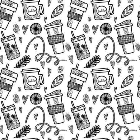 Vector seamless pattern. Outline Illustrations of reusable cups. Coffee and tea mugs for take away drinks. For advertising social media posts printing on paper and fabric.のイラスト素材