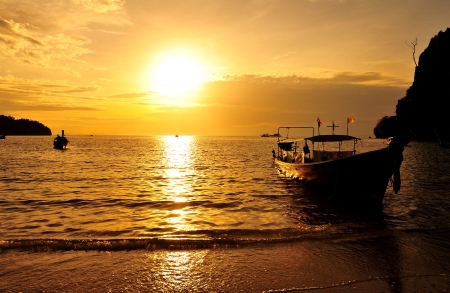 Long Tail Boat at Sunrise Beachの写真素材