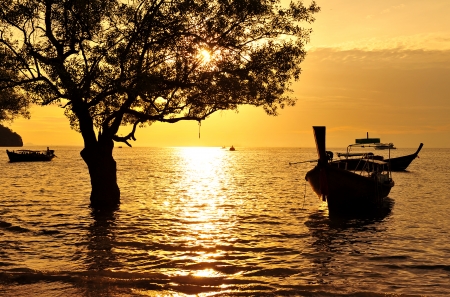 Long Tail Boat at Sunrise Beachの写真素材