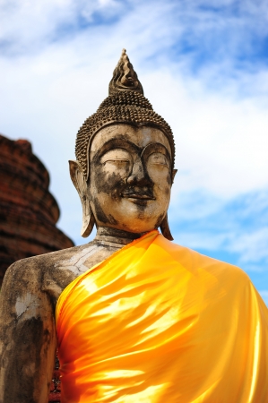 Ancient Ruin Stone Buddha Statue in Ayutthaya Province, Thailandの写真素材