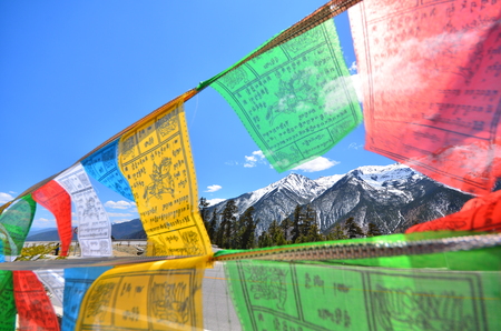 Tibetan Prayer Flags on Mountainの写真素材