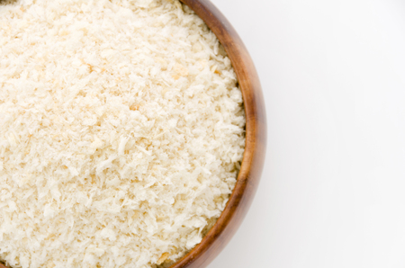 breadcrumbs in round wooden bowlの写真素材
