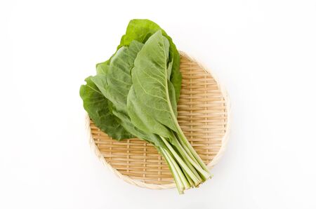 Nigana green leafy vegetables on bamboo colander on white backgroundの写真素材