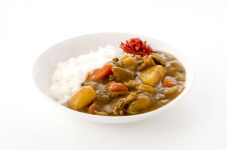 Japanese food, pork curry with rice on white backgroundの写真素材