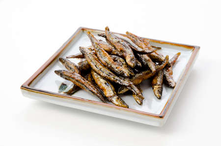 Japanese food, Sweet and spicy fried Kibinago Karaage, Deep-fried Silver-stripe round herringの写真素材