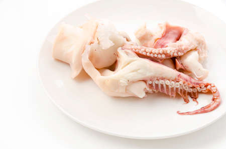 Boiled squid legs on a white plate on white background