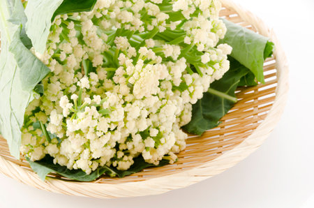 Stick type cauliflower "Califlore" on bamboo sieve on white backgroundの写真素材