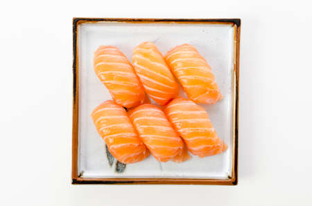Salmon sushi nigiri on white backgroundの写真素材
