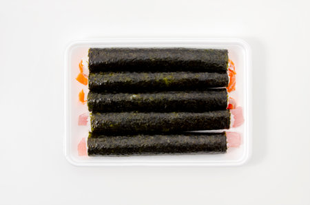 Japanese food makizushi, Salmon roll and  Tuna roll on a  food tray on white background.