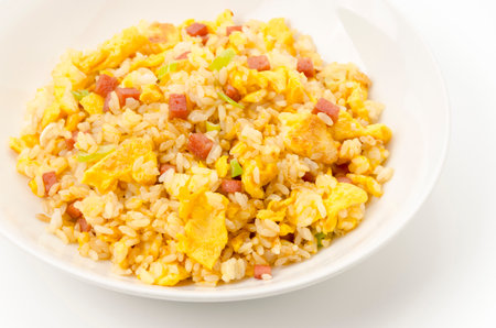 Fried rice with egg and luncheon meatの写真素材