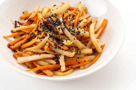 Japanese food, Radish peel and chopped carrot kinpiraの写真素材