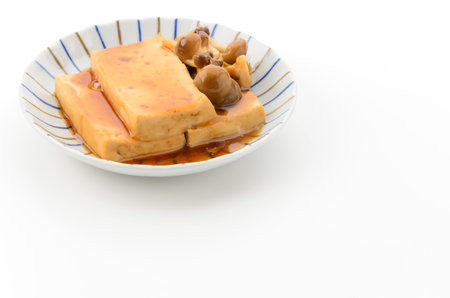 Japanese style tofu with mushroom sauce on white background.