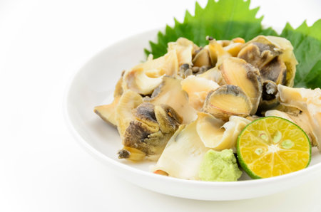 Japanese food, simmered oyster with lemon and wasabiの写真素材