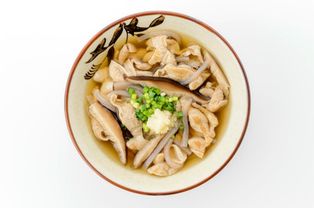 Japanese food, miso soup with pork and mushroom on white backgroundの写真素材