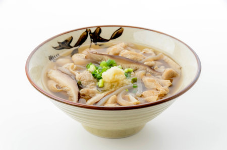 Japanese food, simmered pork in miso soup on white backgroundの写真素材