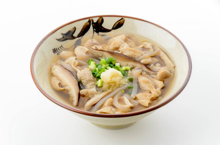 simmered chicken in miso soup on white backgroundの写真素材