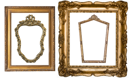 Super set of gorgeous vintage gold frames for paintings and mirrors. Retro style. Isolated on whiteの写真素材