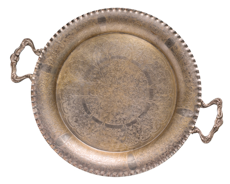 Empty old Antique silver gilded tracery tray isolated on white background. Retro style. Vintageの写真素材
