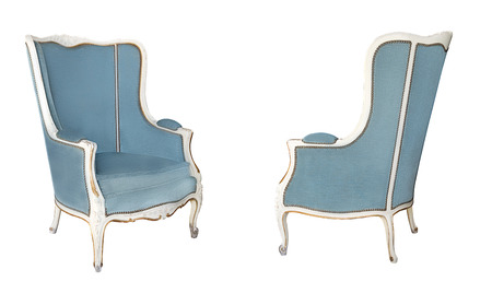 Two vintage white wooden chairs with blue and purple velvet upholstery Isolated on white background. Retro style. Vintage furnitureの写真素材