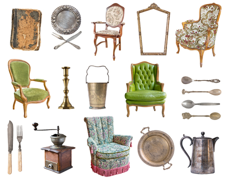 Set of 21 gorgeous old vintage items. Old dishes, appliances, kettles, chairs, books, coffee grinder, candlesticks, picture frames. Isolated on white background.の写真素材