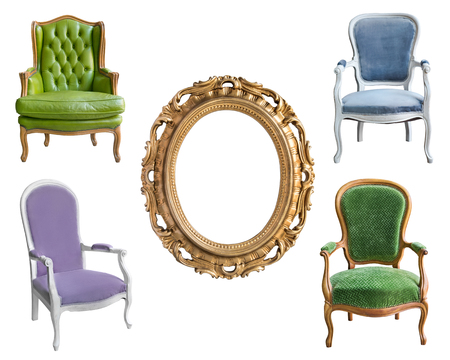 Four vintage chairs and a beautiful frame. Isolated on white background.の写真素材