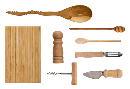Wooden cutlery isolated on white background. Setの写真素材
