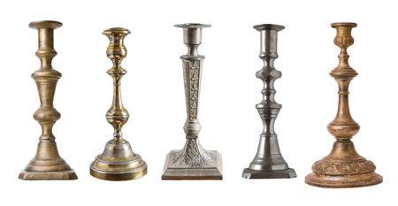 Set of vintage different candelabrum, candle stand, candlestick isolated on white background.の写真素材