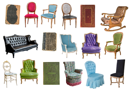 Gorgeous vintage armchairs and books isolated on white background. Armchairs with color, green and purple upholsteryの写真素材